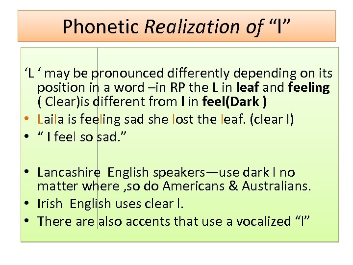 Phonetic Realization of “l” ‘L ‘ may be pronounced differently depending on its position