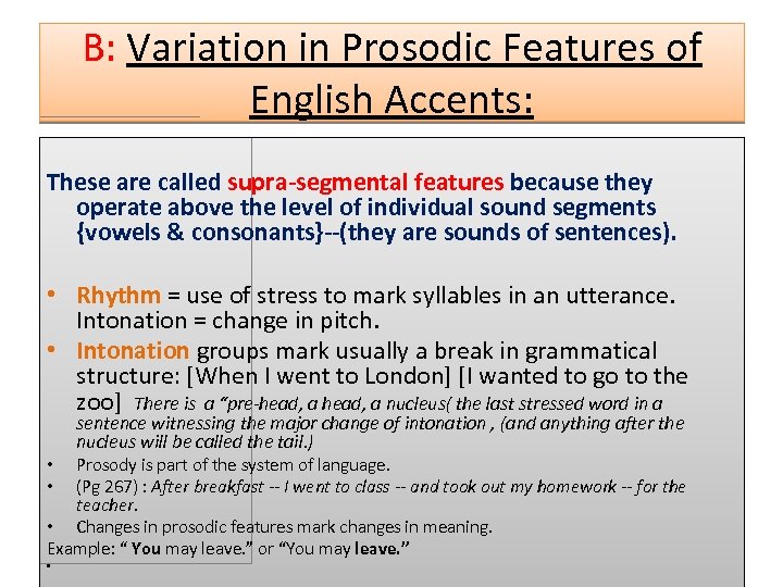 B: Variation in Prosodic Features of English Accents: These are called supra-segmental features because