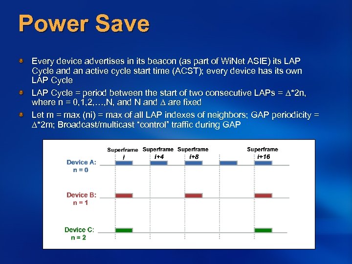 Power Save Every device advertises in its beacon (as part of Wi. Net ASIE)