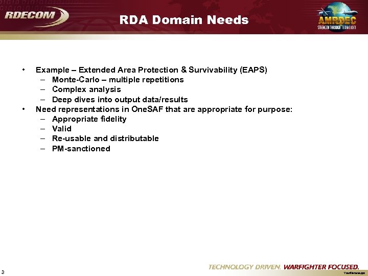 RDA Domain Needs • • 3 Example – Extended Area Protection & Survivability (EAPS)