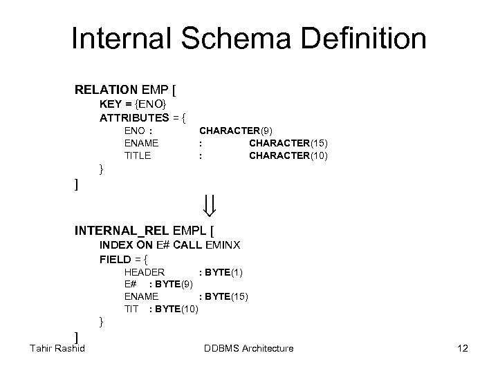 Internal Schema Definition RELATION EMP [ KEY = {ENO} ATTRIBUTES = { ENO :