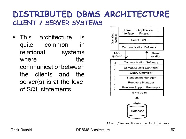 DISTRIBUTED DBMS ARCHITECTURE CLIENT / SERVER SYSTEMS • This architecture is quite common in