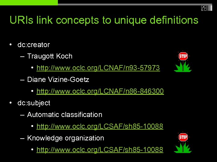URIs link concepts to unique definitions • dc: creator – Traugott Koch • http:
