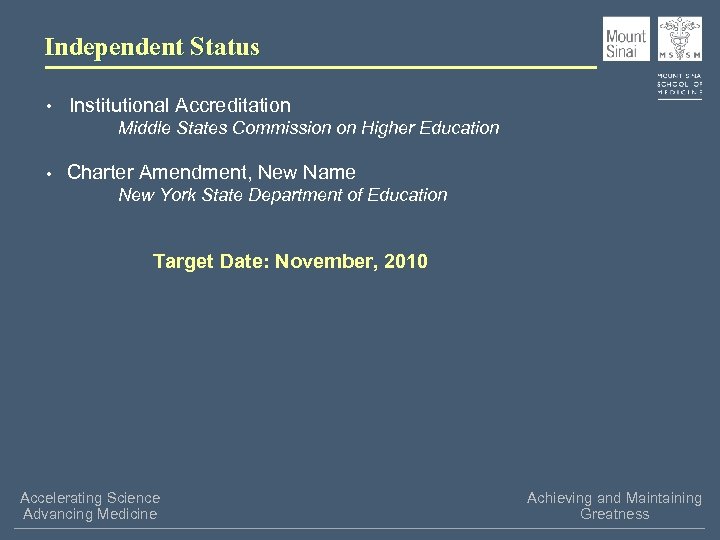 Independent Status • Institutional Accreditation Middle States Commission on Higher Education • Charter Amendment,
