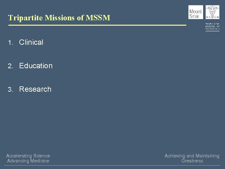 Tripartite Missions of MSSM 1. Clinical 2. Education 3. Research Accelerating Science Advancing Medicine