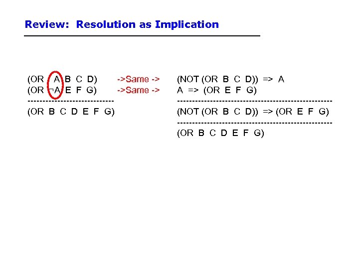 Review: Resolution as Implication (OR A B C D) ->Same -> (OR ¬A E