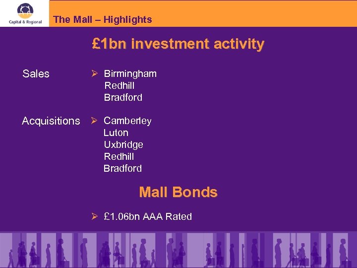 The Mall – Highlights £ 1 bn investment activity Sales Ø Birmingham Redhill Bradford