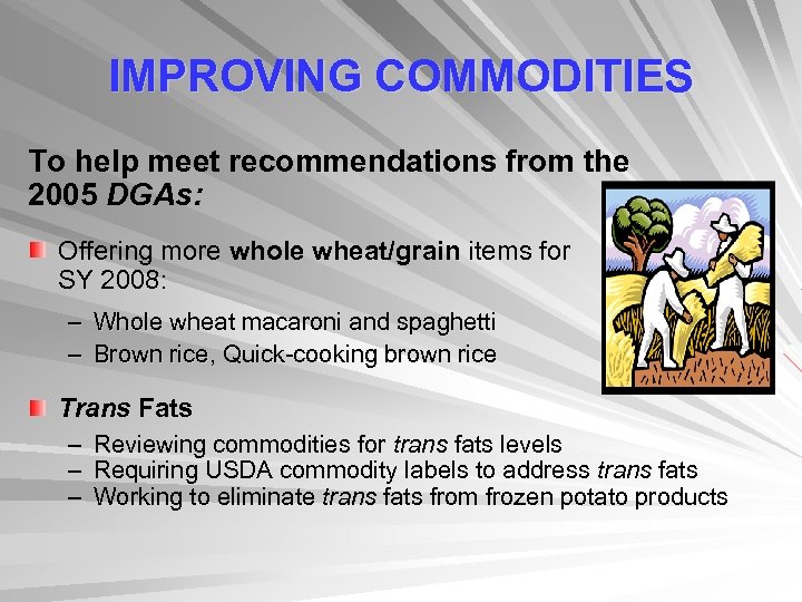IMPROVING COMMODITIES To help meet recommendations from the 2005 DGAs: Offering more whole wheat/grain