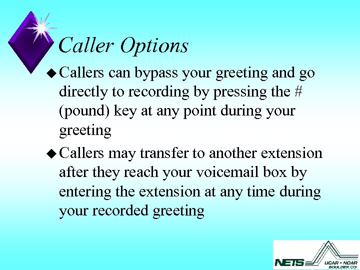 Caller Options u Callers can bypass your greeting and go directly to recording by