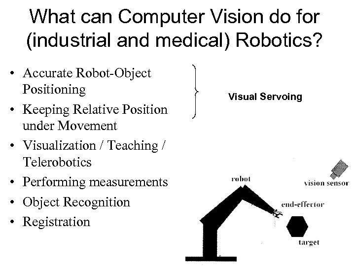 What can Computer Vision do for (industrial and medical) Robotics? • Accurate Robot-Object Positioning