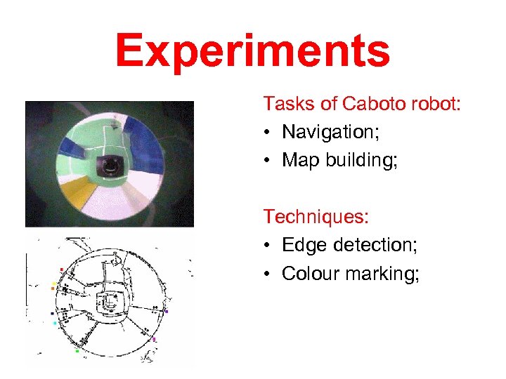 Experiments Tasks of Caboto robot: • Navigation; • Map building; Techniques: • Edge detection;