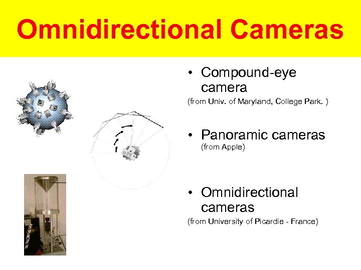 Omnidirectional Cameras • Compound-eye camera (from Univ. of Maryland, College Park. ) • Panoramic