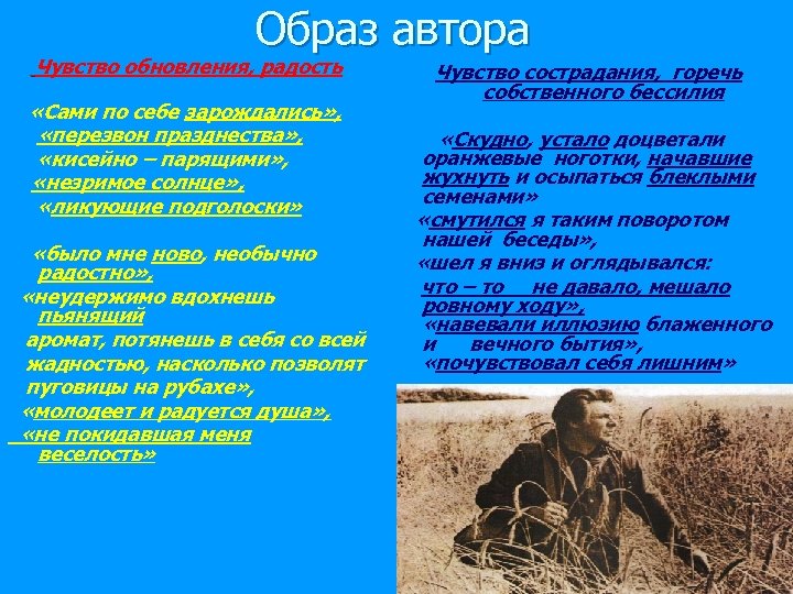 Образ автора Чувство обновления, радость «Сами по себе зарождались» , «перезвон празднества» , «кисейно