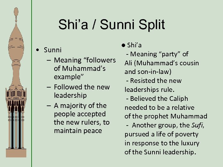 Shi’a / Sunni Split • Sunni – Meaning “followers of Muhammad’s example” – Followed