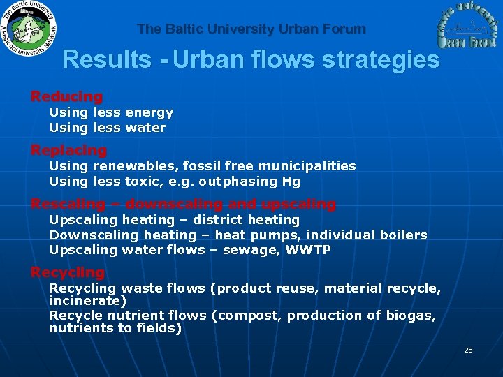 The Baltic University Urban Forum Results - Urban flows strategies Reducing Using less energy