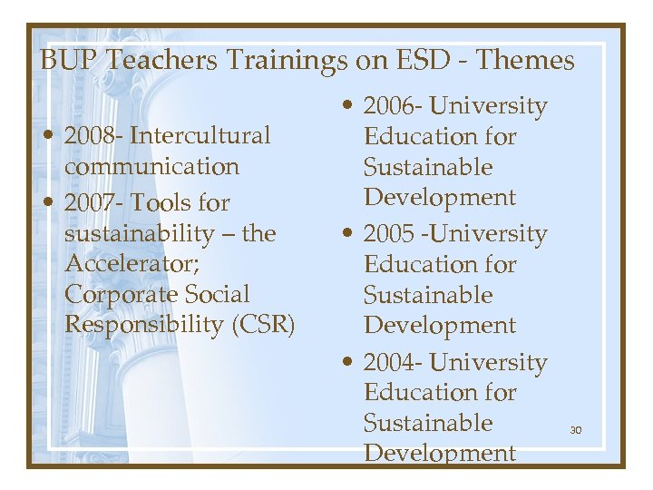 BUP Teachers Trainings on ESD - Themes • 2008 - Intercultural communication • 2007