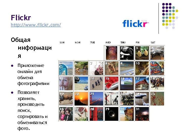 Flickr http: //www. flickr. com/ Общая информаци я l Приложение онлайн для обмена фотографиями