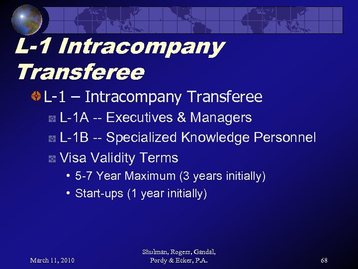 L-1 Intracompany Transferee L-1 – Intracompany Transferee L-1 A -- Executives & Managers L-1