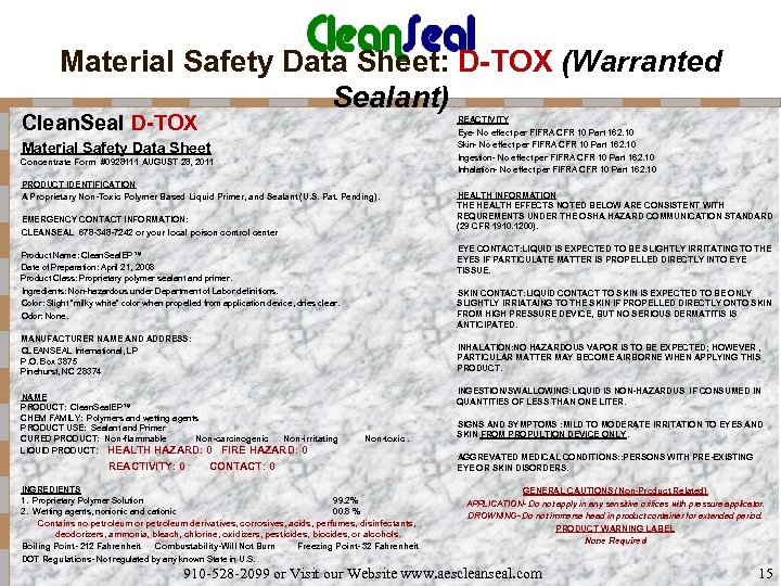 Material Safety Data Sheet: D-TOX (Warranted Sealant) Clean. Seal D-TOX Material Safety Data Sheet
