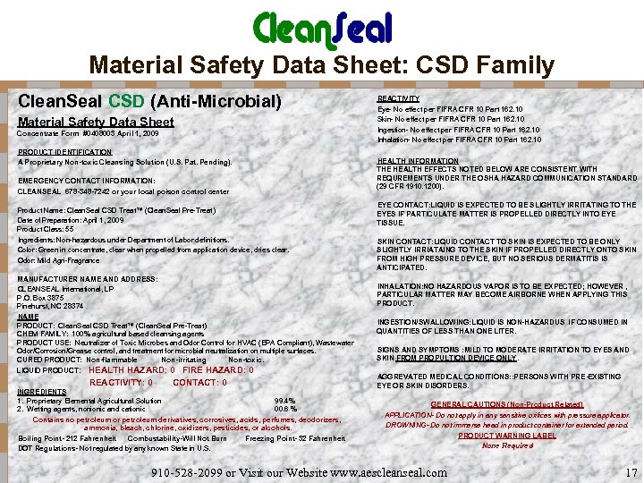 Material Safety Data Sheet: CSD Family Clean. Seal CSD (Anti-Microbial) Material Safety Data Sheet