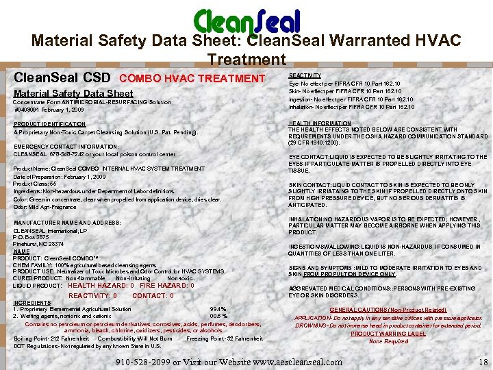 Material Safety Data Sheet: Clean. Seal Warranted HVAC Treatment Clean. Seal CSD COMBO HVAC