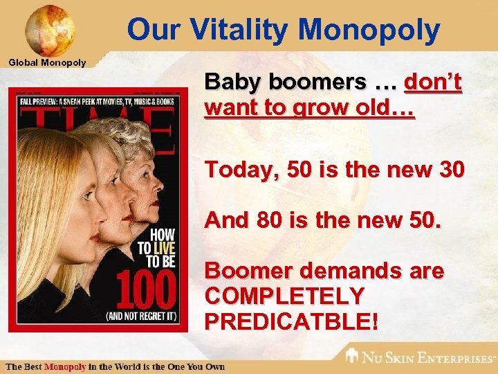 Our Vitality Monopoly Global Monopoly Baby boomers … don’t want to grow old… Today,