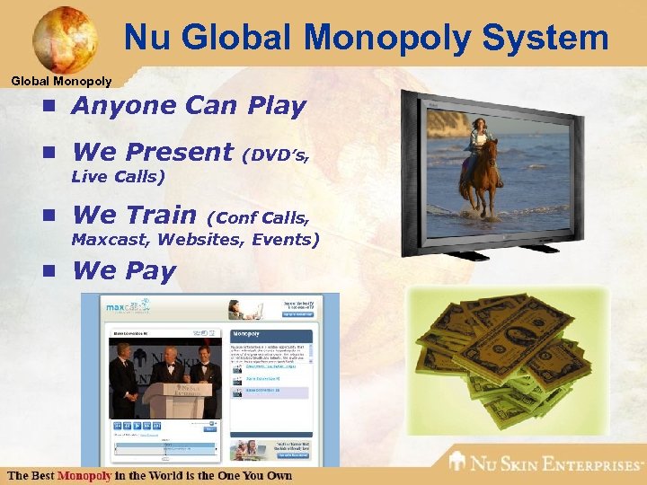 Nu Global Monopoly System Global Monopoly ¾ Anyone Can Play ¾ We Present (DVD’s,