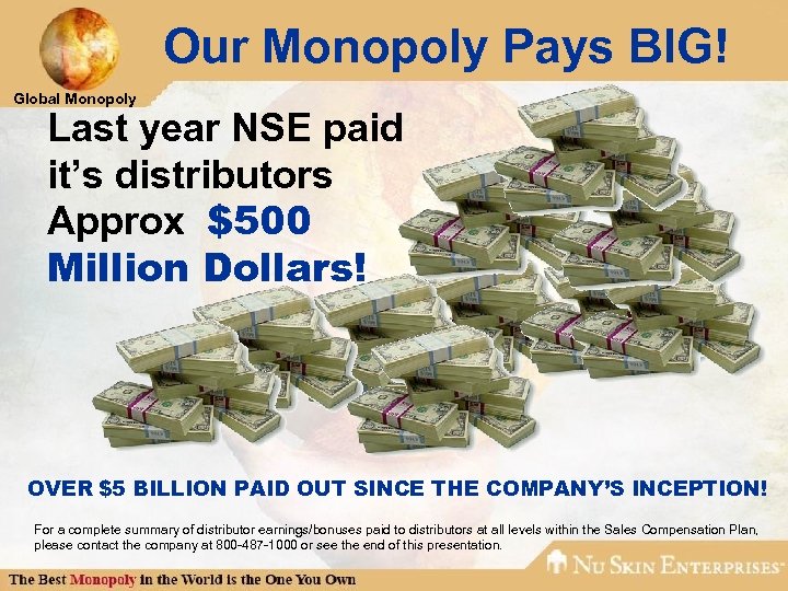 Our Monopoly Pays BIG! Global Monopoly Last year NSE paid it’s distributors Approx $500