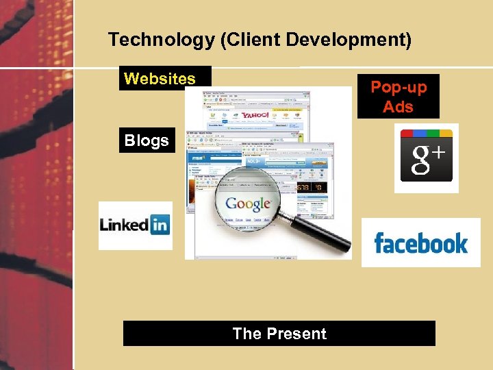 Technology (Client Development) Websites Pop-up Ads Blogs The Present 