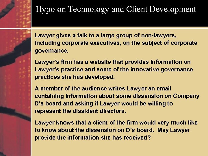 Hypo on Technology and Client Development Lawyer gives a talk to a large group