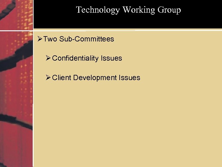 Technology Working Group ØTwo Sub-Committees Ø Confidentiality Issues Ø Client Development Issues 