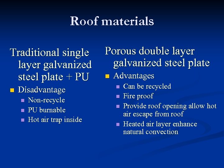 Roof materials Traditional single layer galvanized steel plate + PU n Disadvantage n n