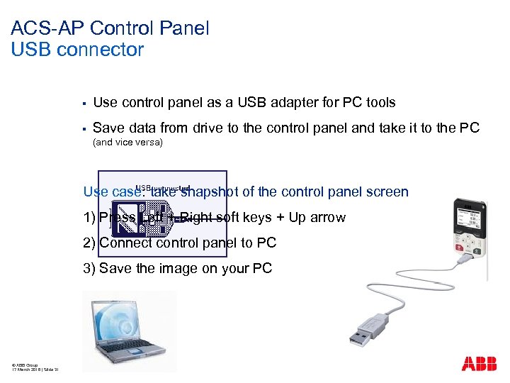 ACS-AP Control Panel USB connector § Use control panel as a USB adapter for