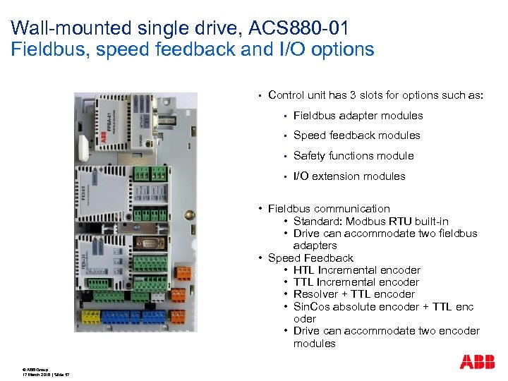 Wall-mounted single drive, ACS 880 -01 Fieldbus, speed feedback and I/O options § Control