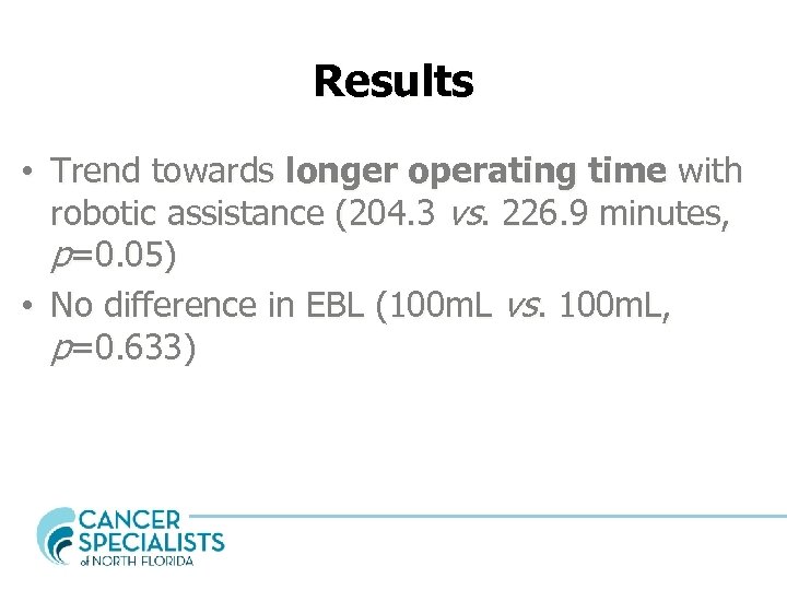 Results • Trend towards longer operating time with robotic assistance (204. 3 vs. 226.