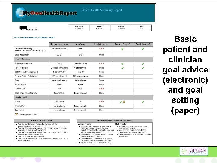 Basic patient and clinician goal advice (electronic) and goal setting (paper) 