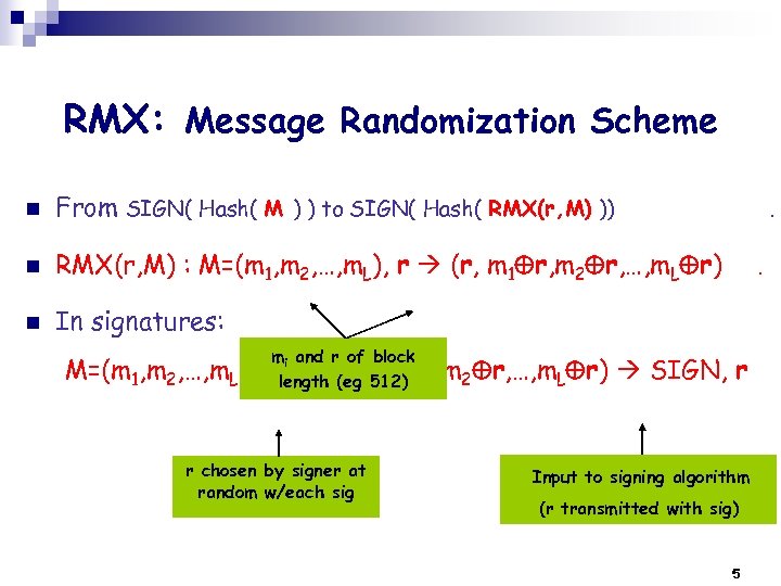 RMX: Message Randomization Scheme n From SIGN( Hash( M ) ) to SIGN( Hash(