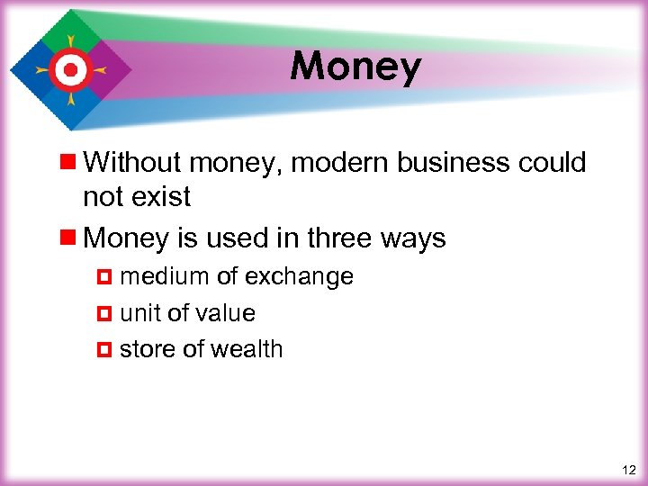 Money ¾ Without money, modern business could not exist ¾ Money is used in