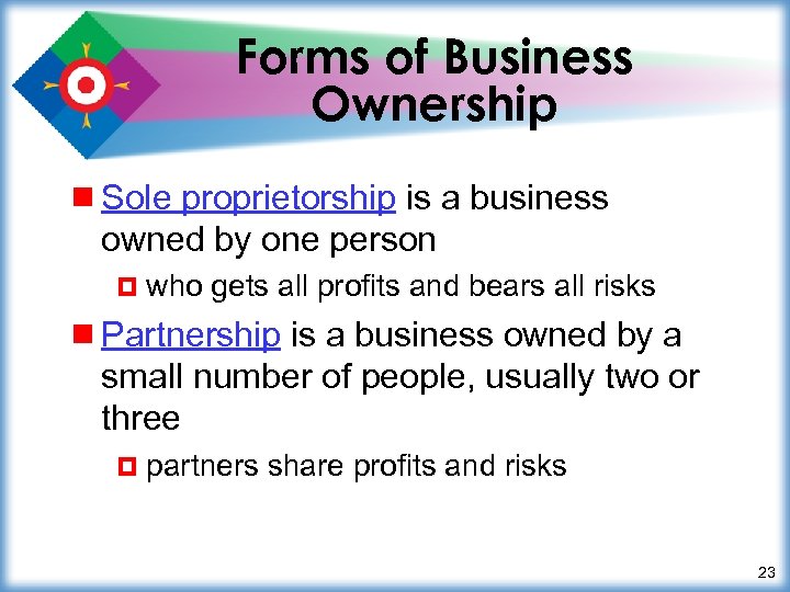 Forms of Business Ownership ¾ Sole proprietorship is a business owned by one person