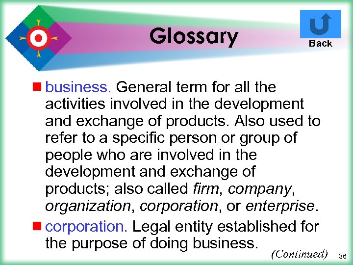 Glossary Back ¾ business. General term for all the activities involved in the development