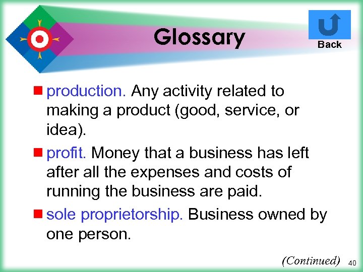 Glossary Back ¾ production. Any activity related to making a product (good, service, or