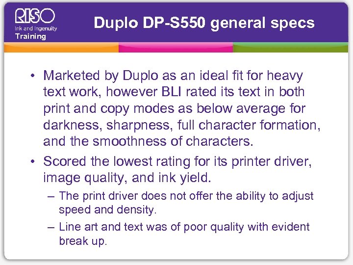Duplo DP-S 550 general specs Training • Marketed by Duplo as an ideal fit
