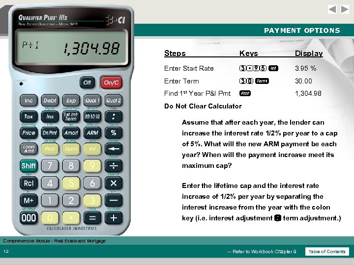 PAYMENT OPTIONS P+I 1, 304. 98 Steps Keys Display Enter Start Rate 3 95