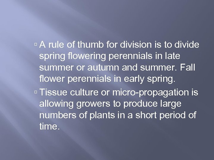  A rule of thumb for division is to divide spring flowering perennials in