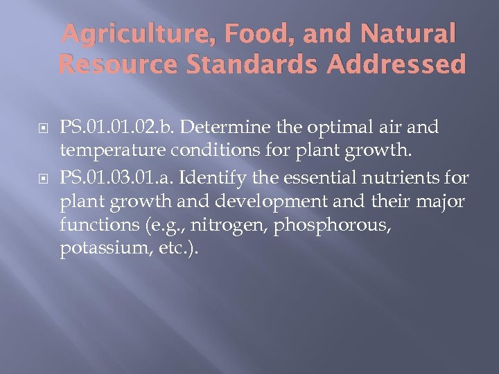Agriculture, Food, and Natural Resource Standards Addressed PS. 01. 02. b. Determine the optimal
