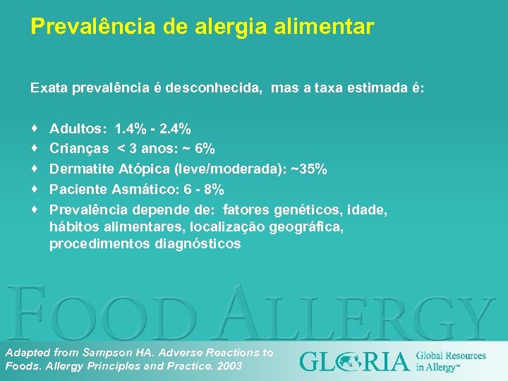 Prevalência de alergia alimentar Exata prevalência é desconhecida, mas a taxa estimada é: ·