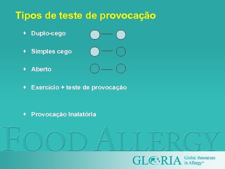 Tipos de teste de provocação · Duplo-cego · Simples cego · Aberto · Exercício