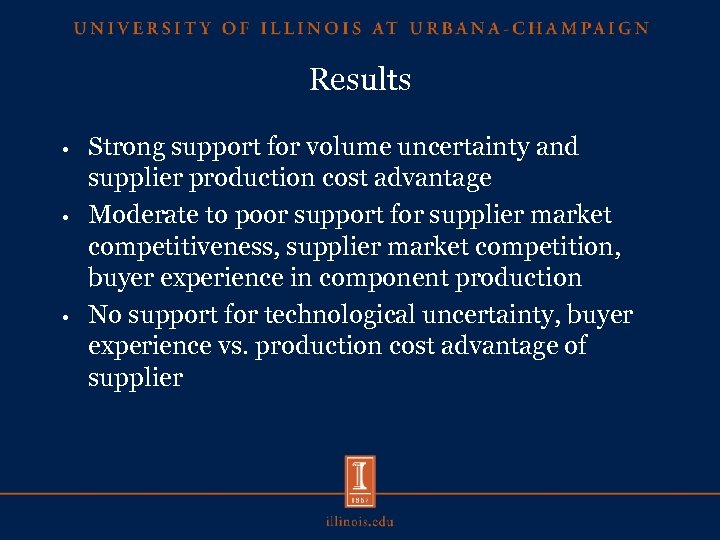 Results Strong support for volume uncertainty and supplier production cost advantage • Moderate to