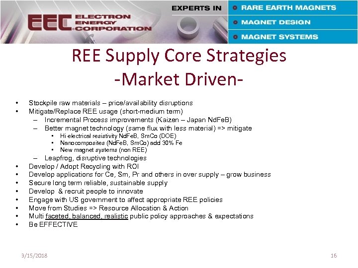 REE Supply Core Strategies -Market Driven • • Stockpile raw materials – price/availability disruptions
