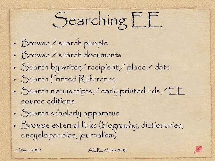 Searching EE • • Browse / search people Browse / search documents Search by